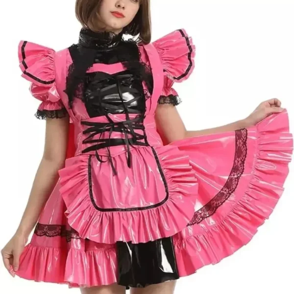 Shiny PVC Sissy Maid Dress – Sexy Tight-Fit Cosplay Costume with Lace and Apron